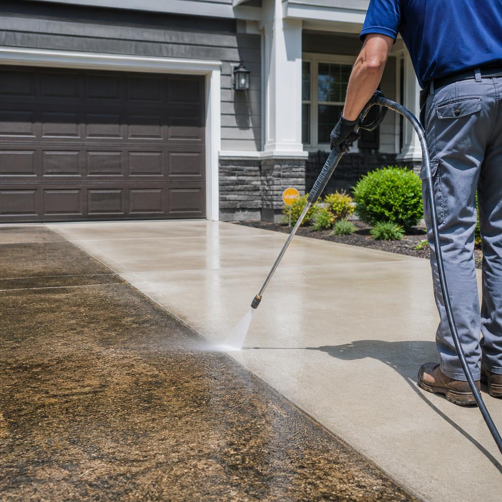 Technician pressure washing a driveway with dramatic clean-vs-dirty contrast